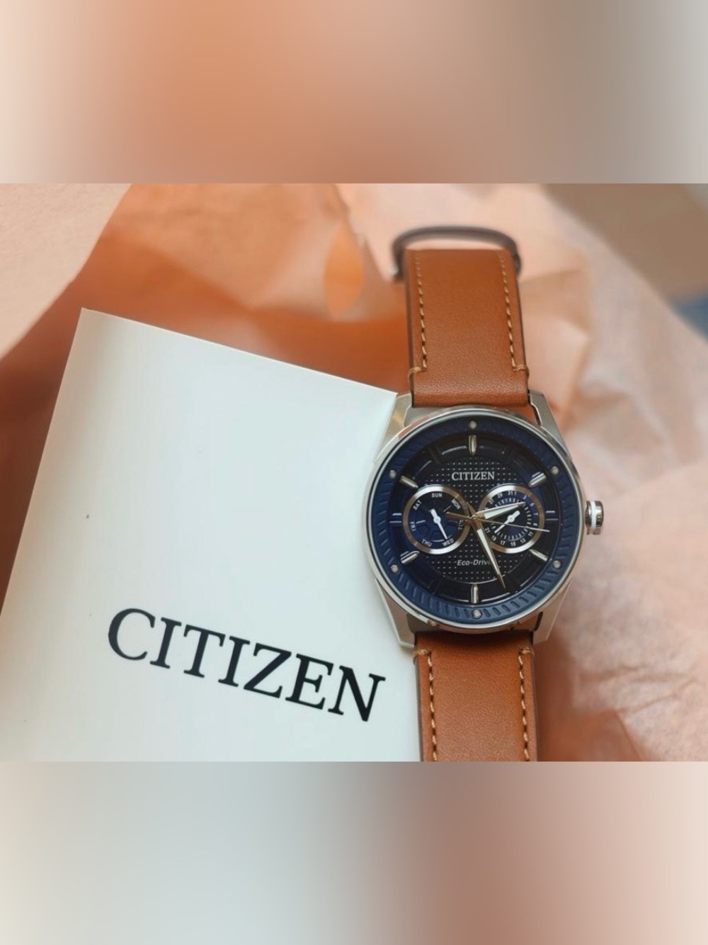 Citizen Eco-Drive Blue Dial Watch (Tan Strap)